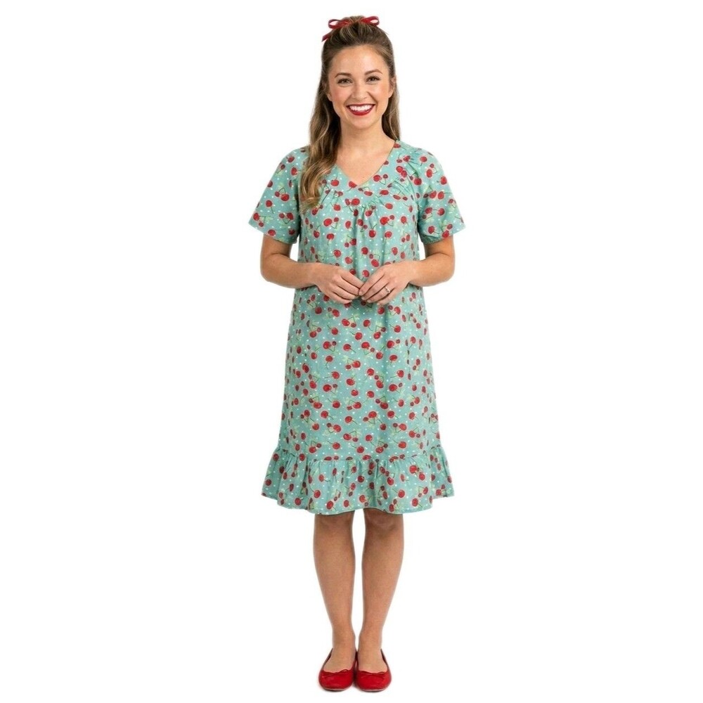 Anthony Richards VTG Teal Cherries Mumu Patio House Dress Midi Women's Size MP